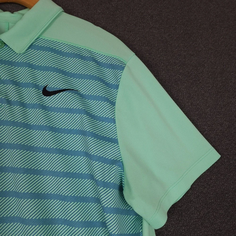 Nike Dri Fit Golf Polo Shirt Green‎ Blue Stripe Mens Large Short Sleeve Athletic